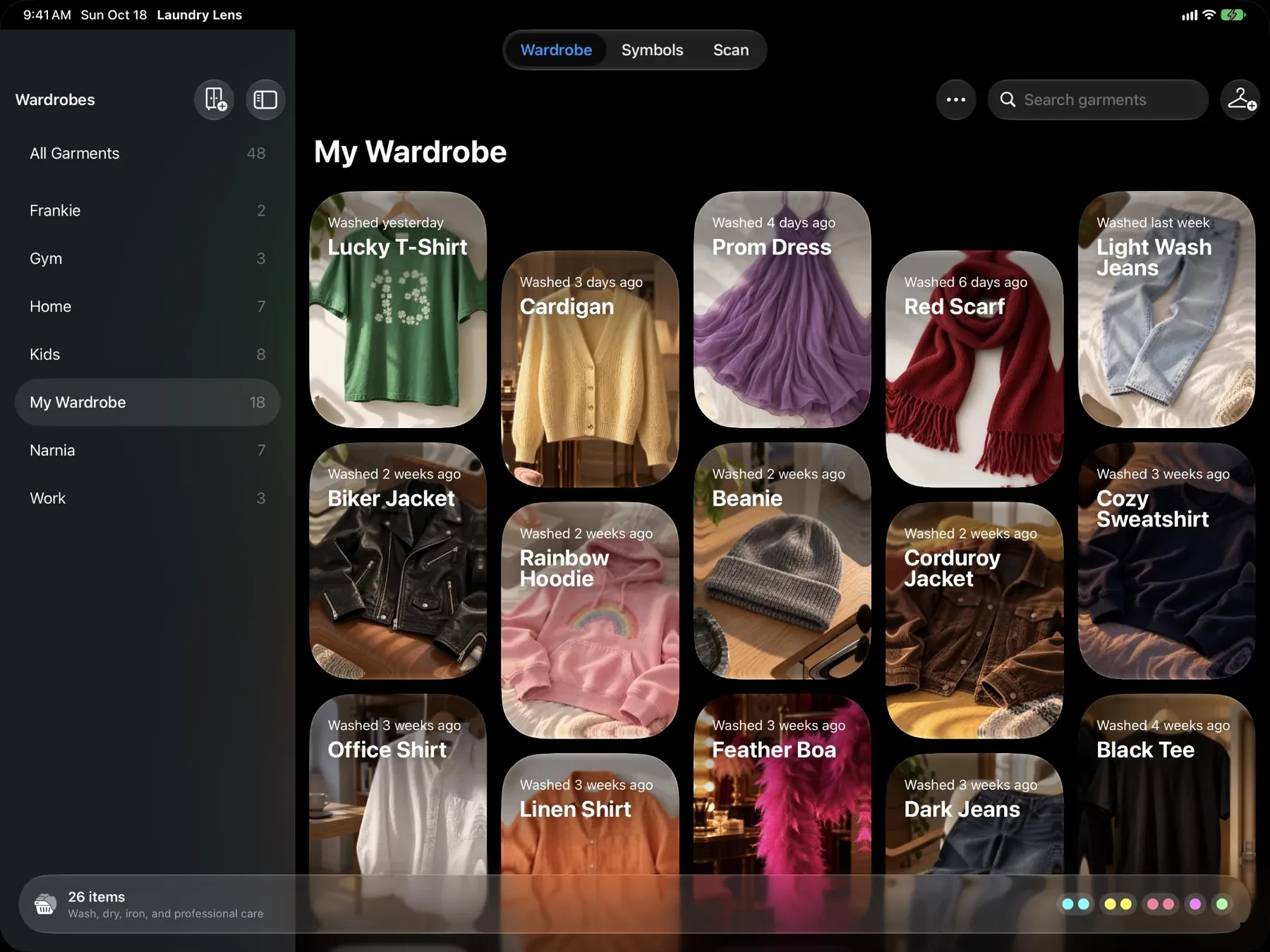Laundry Lens on iPad: a sidebar of wardrobes like Home, Kids and Work, next to My Wardrobe's grid of garment photos.